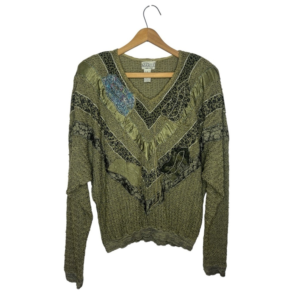 Vintage 80s Olive Green Patchwork Dolman Sweater Italian Boho Textured Slouchy - Picture 4 of 14